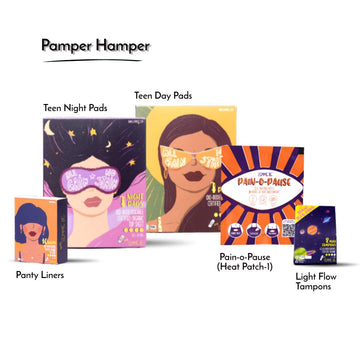 Lemme Be Pamper Hamper Combo:  Teen Day/Night Pads, Panty Liners, Pain o Pause Heat Patch,  Light Flow Tampons